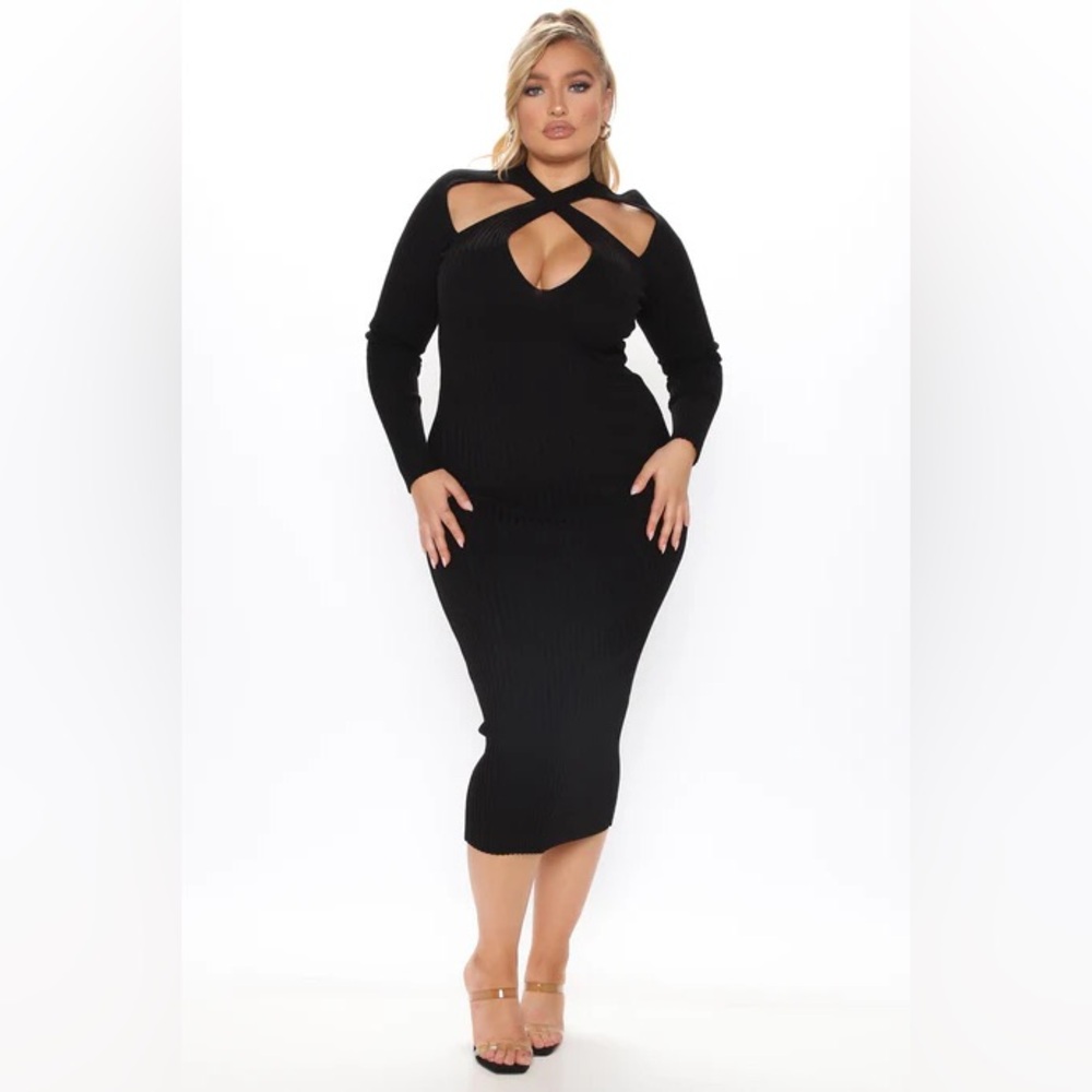 Fashion Nova Caught Looking Cut Out Ribbed Sweater Midi Dress Black Size 1X NWT